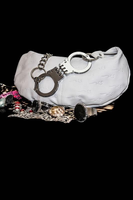 BOUND Leather White Logo Bag With Metal Tone Chain And "Handcuff" Strap