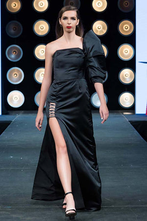 Black Mega Sleeve Satin Gown With Chain Details