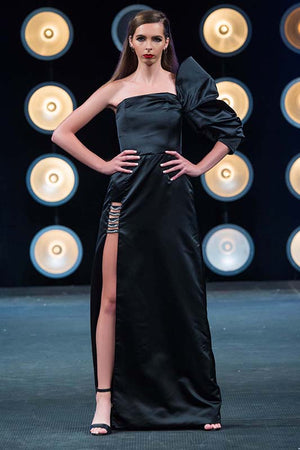 Black Mega Sleeve Satin Gown With Chain Details