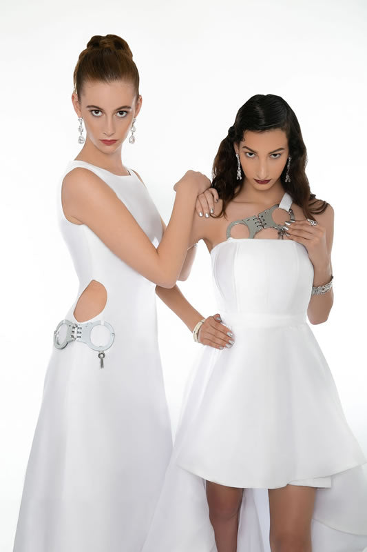 WHITE PARTY High Low "HANDCUFF" Gown - Diagonal HANDCUFF Strap