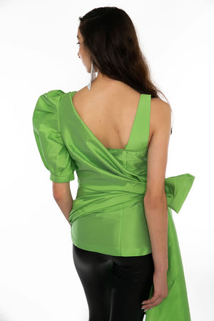 Luxe Corset Detail Top With Side Tie Up, Power Sleeve - Green