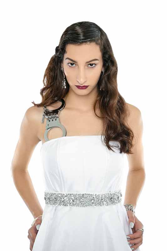 WHITE PARTY High Low Gown - Vertical HANDCUFF Strap - Sequins Belt