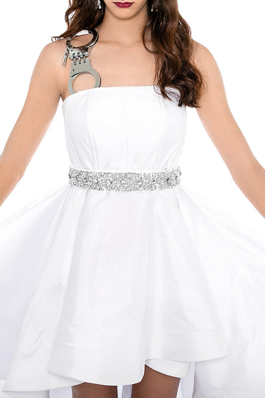 WHITE PARTY High Low Gown - Vertical HANDCUFF Strap - Sequins Belt