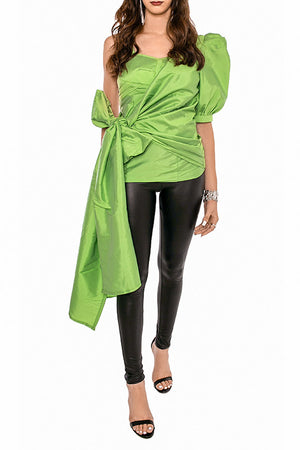 Luxe Corset Detail Top With Side Tie Up, Power Sleeve - Green