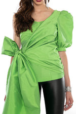 Luxe Corset Detail Top With Side Tie Up, Power Sleeve - Green